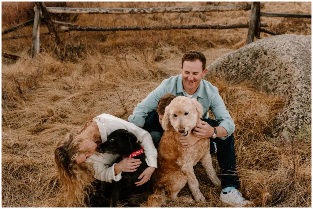 A couple takes their engagement photos with their two dogs