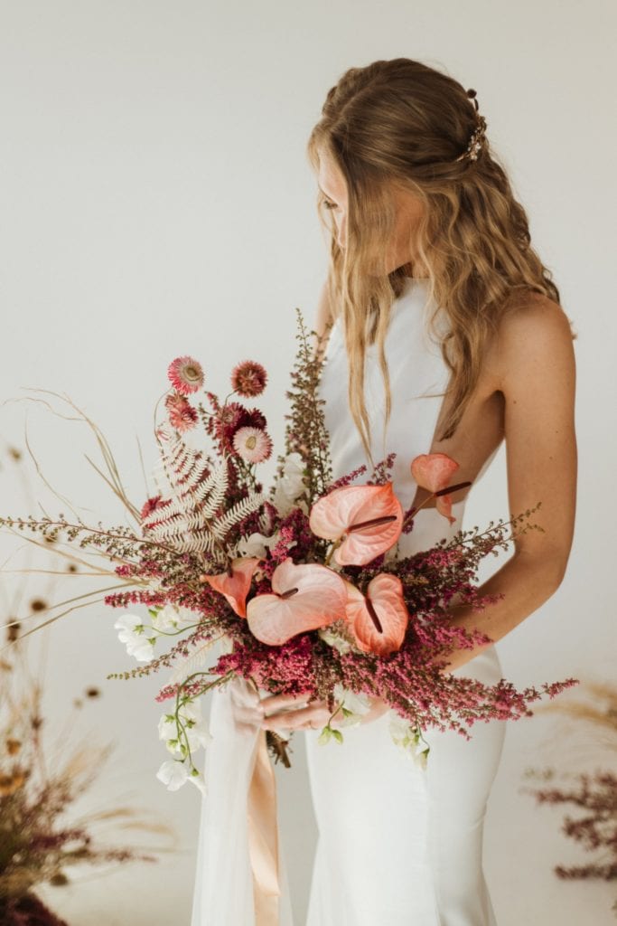 pink anthurium wedding bouquet