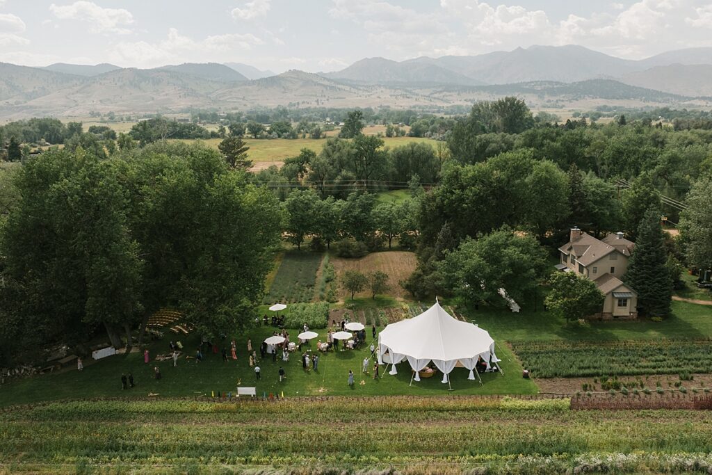 a drone shot of a Boulder Flower Farm wedding
