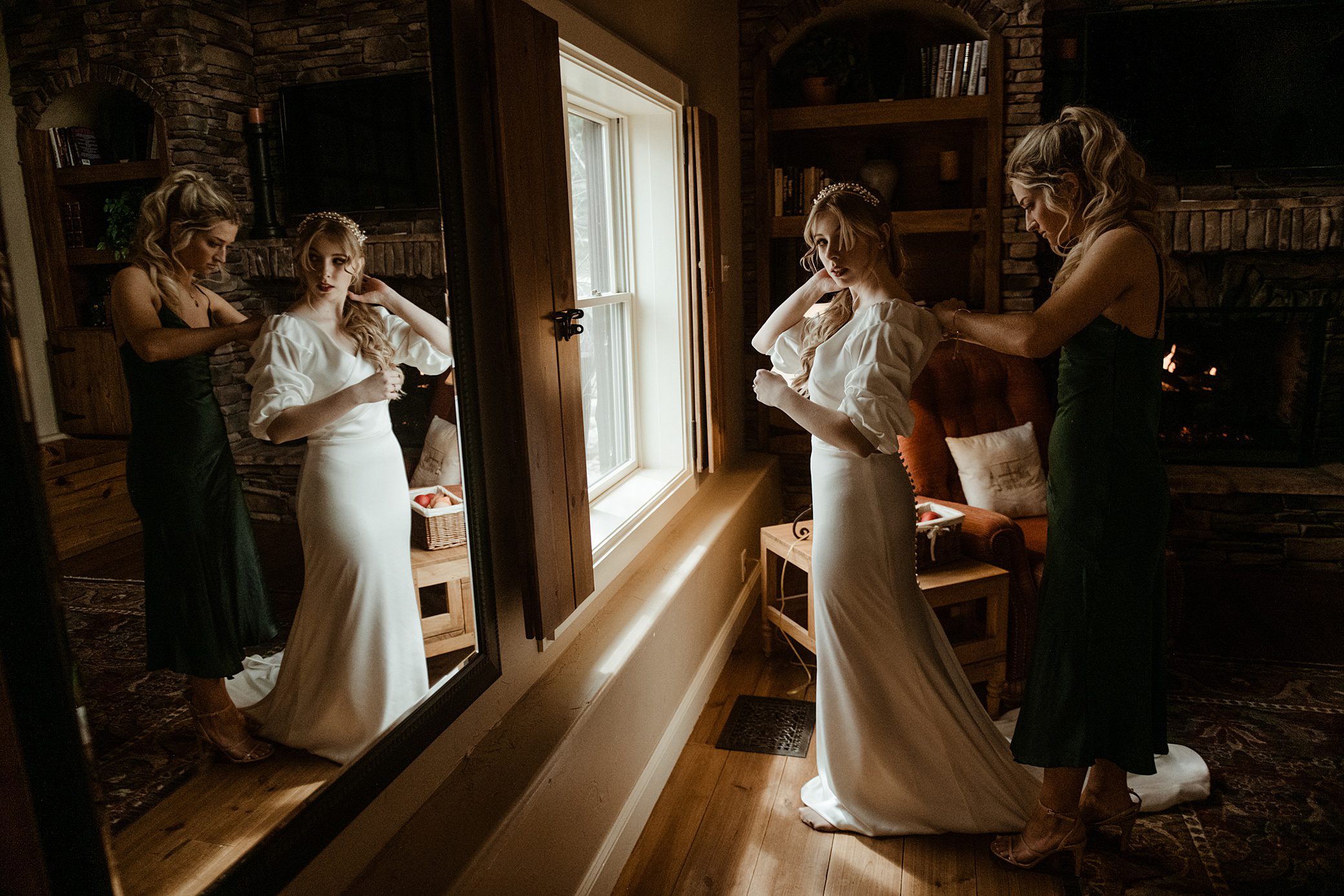 Bride getting dressed on her wedding date at the Albert's Lodge Wedding venue