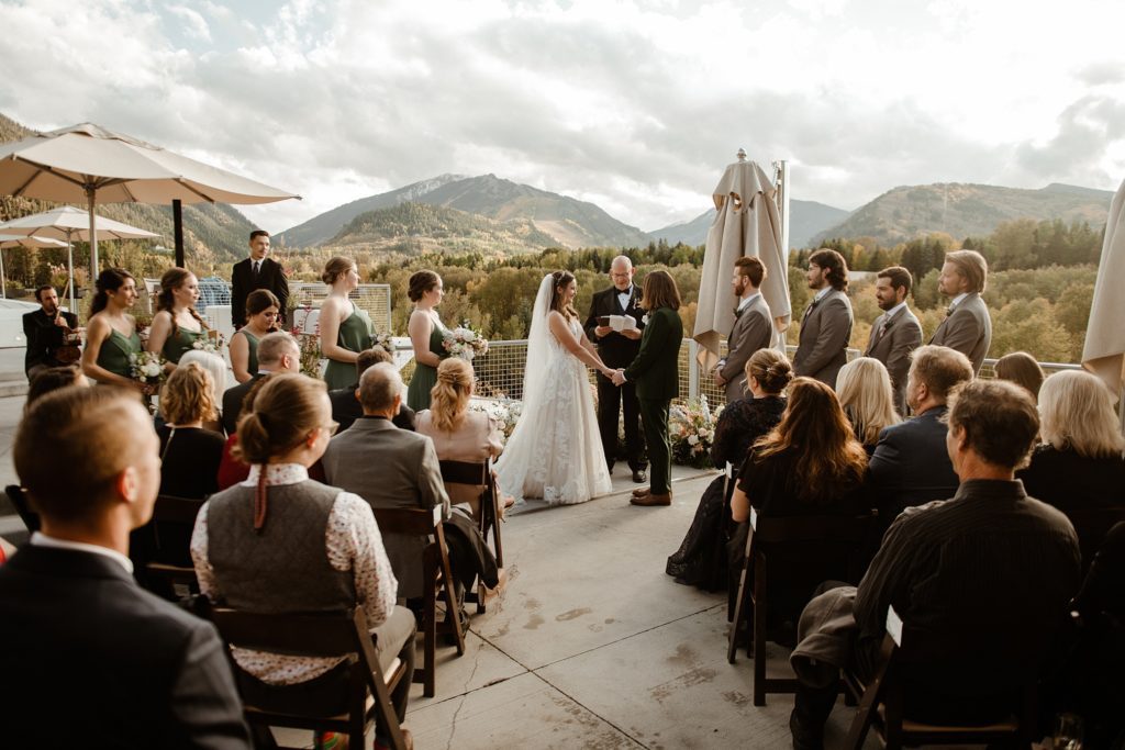 A wedding ceremony on Plato's Deck at Aspen Meadows Resort