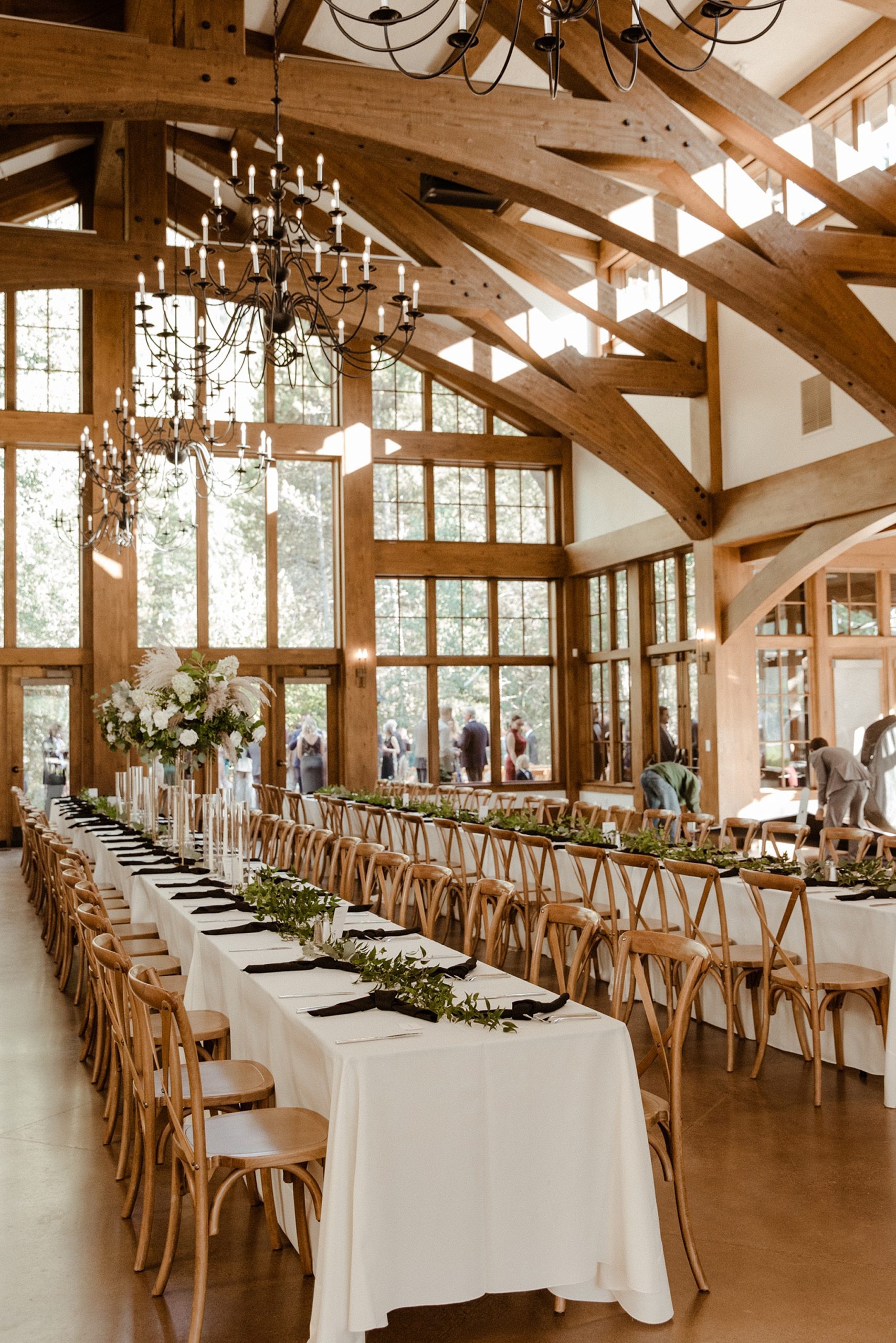 Inside the Donovan Pavilion in Vail, Colorado decorated for a dinner reception