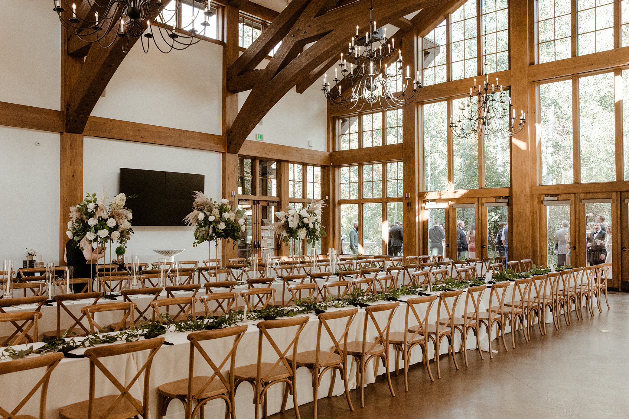 Inside the Donovan Pavilion in Vail, Colorado decorated for a dinner reception