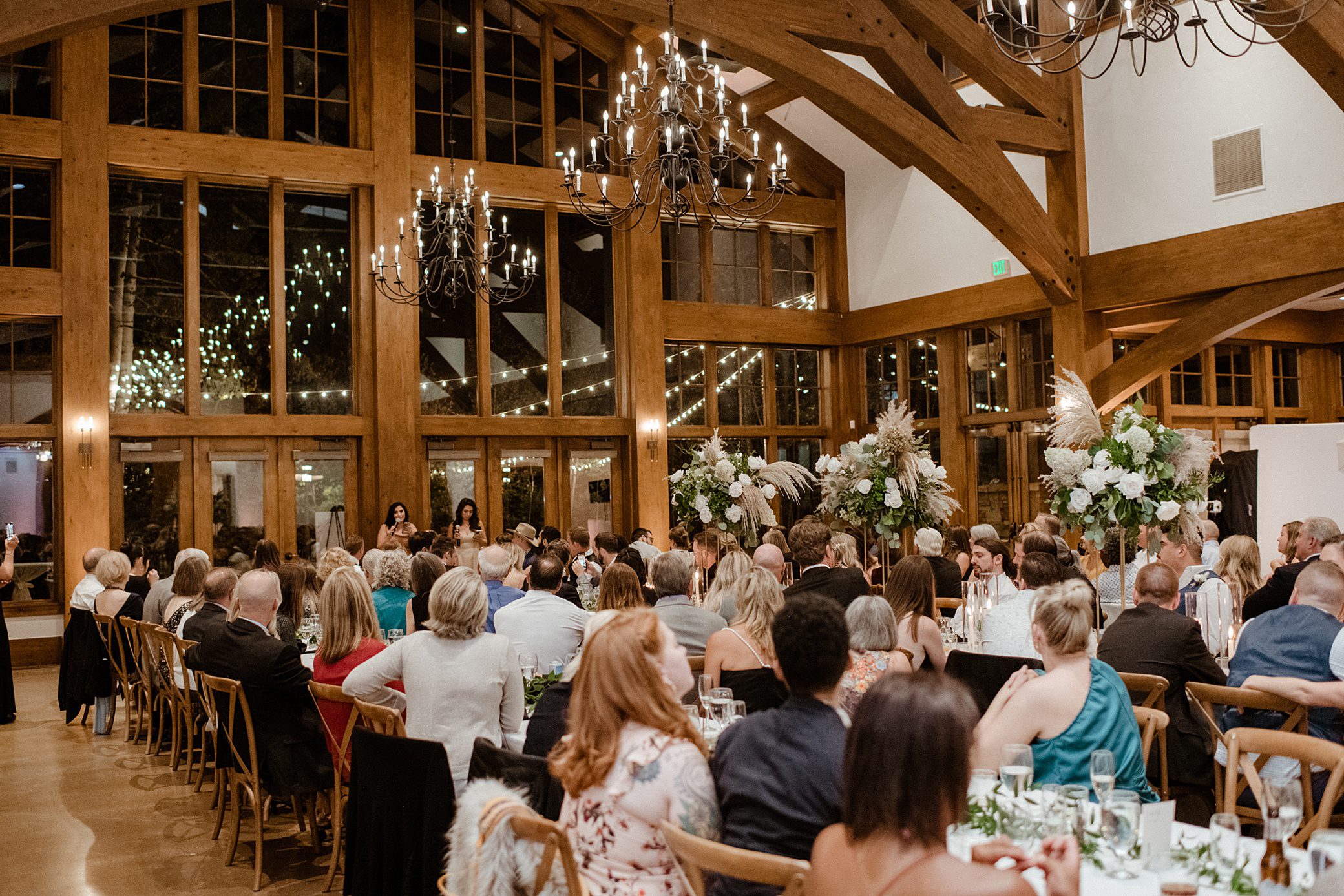 A dinner wedding reception at the Donovan Pavilion in Vail, Colorado