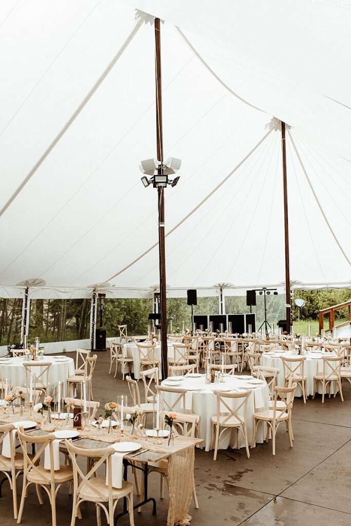 Inside the wedding reception tent at Blackstone Rivers Ranch in Idaho Springs