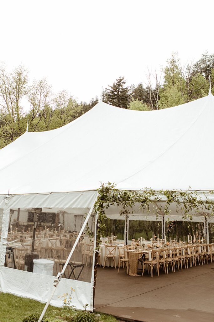 The wedding reception tent setup of the Blackstone Rivers Ranch wedding venue