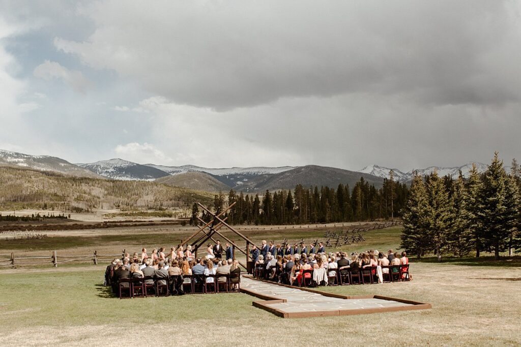 a full ceremony set up on the Broad Axe meadow ceremony site for a Devil's Thumb Ranch wedding