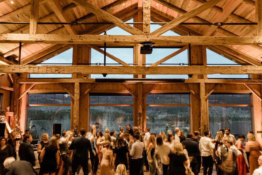 A Devil's Thumb Ranch wedding reception inside the High Lonesome Barn