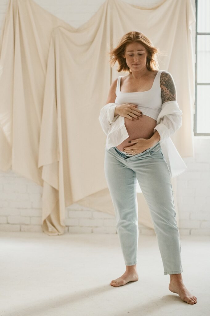 downtown denver studio maternity session with white minimalism