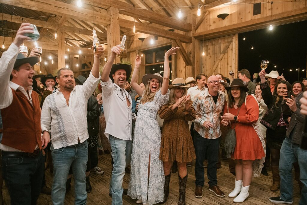 Inside the Broad Axe Barn at Devil's Thumb Ranch for a welcome reception