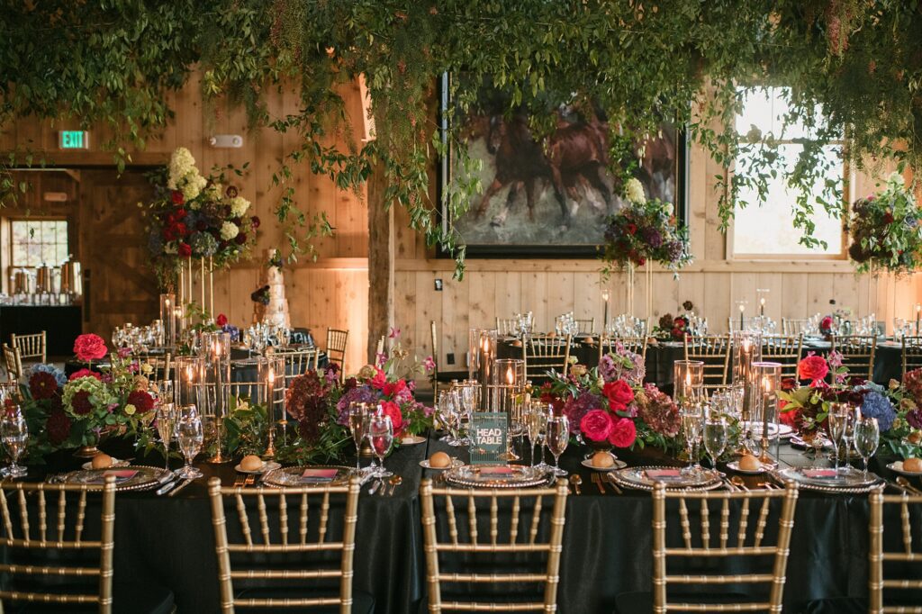 A devil's thumb ranch wedding reception set up with a lot of summer florals