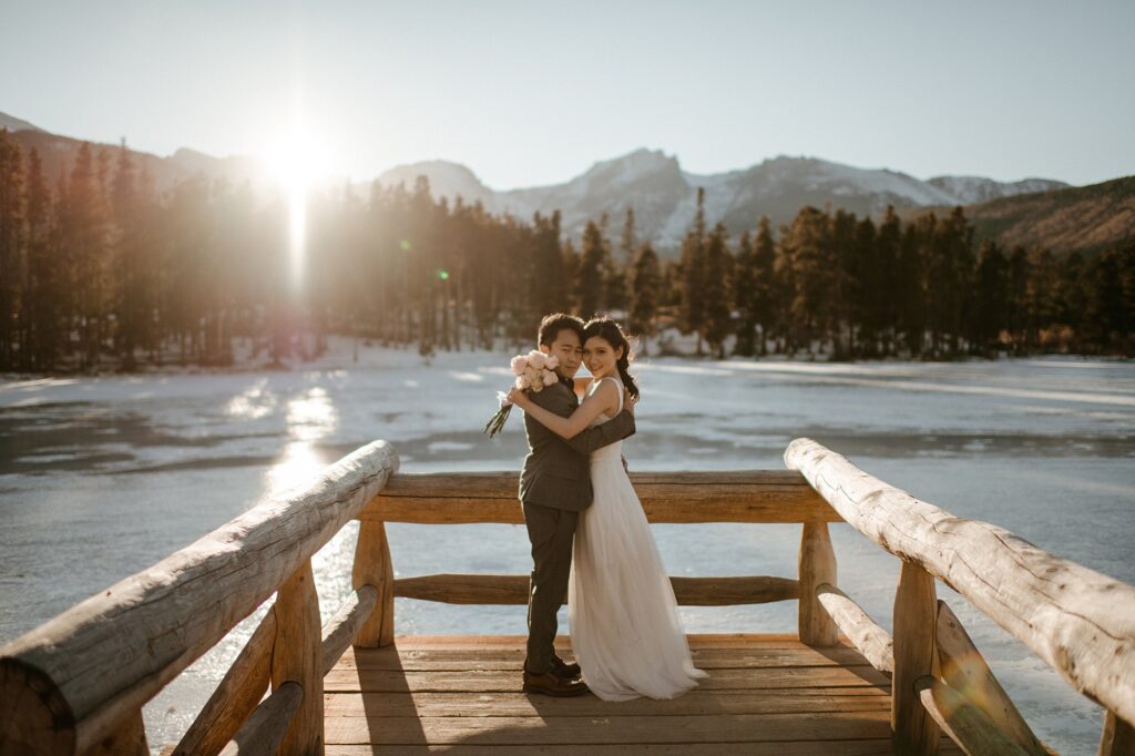 A bride and groom in the winter in Colorado