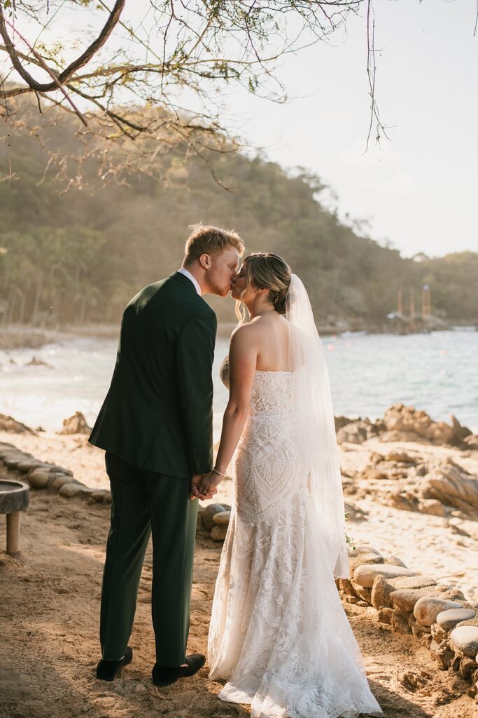 a bride and groom at their private island mexico wedding venue