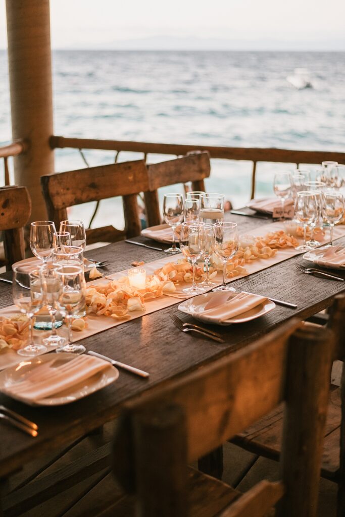 a beautiful dinner reception setup at a private island mexico wedding venue