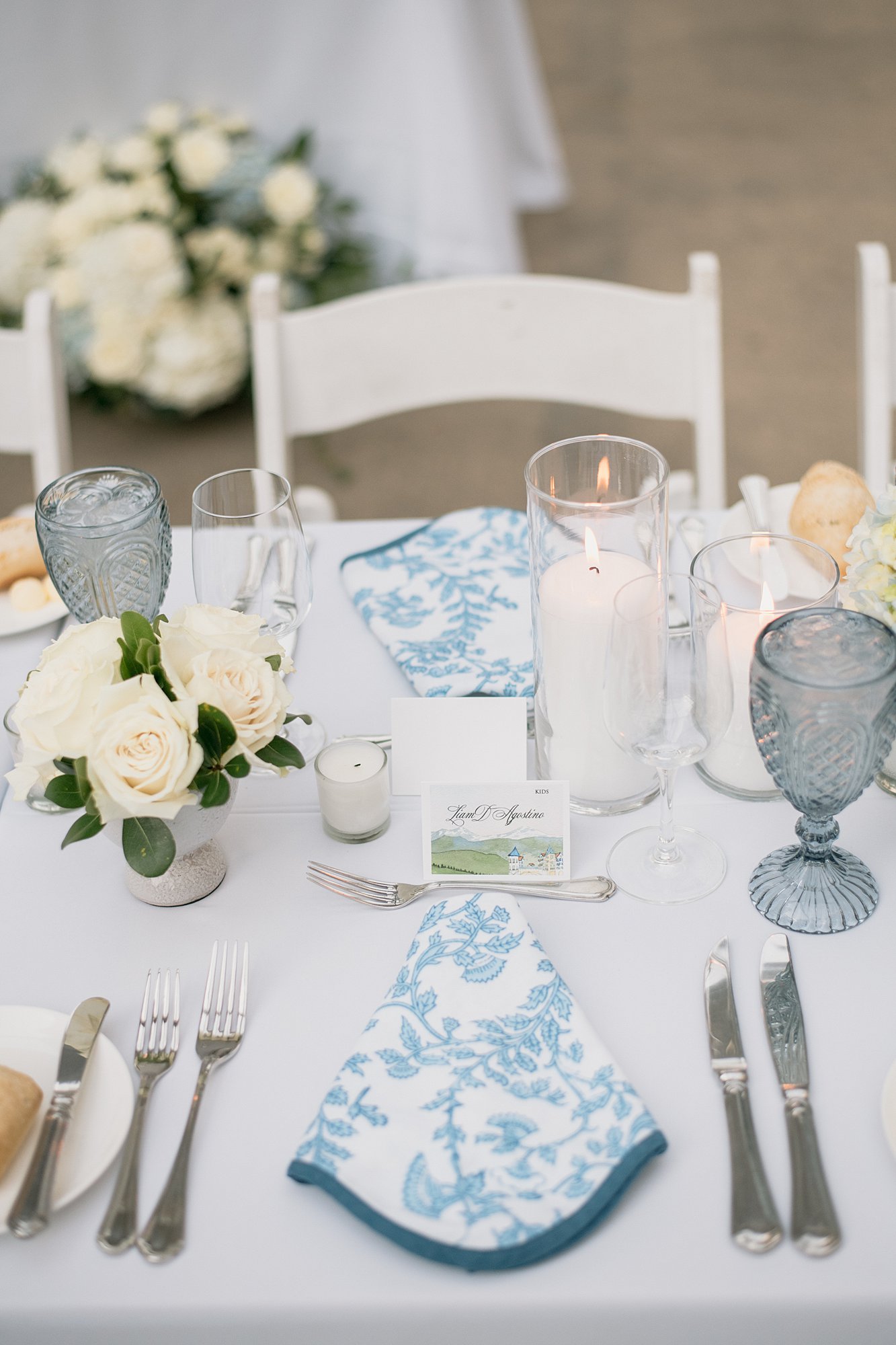 elegant blue and white decor for a Arrabelle Square wedding setup