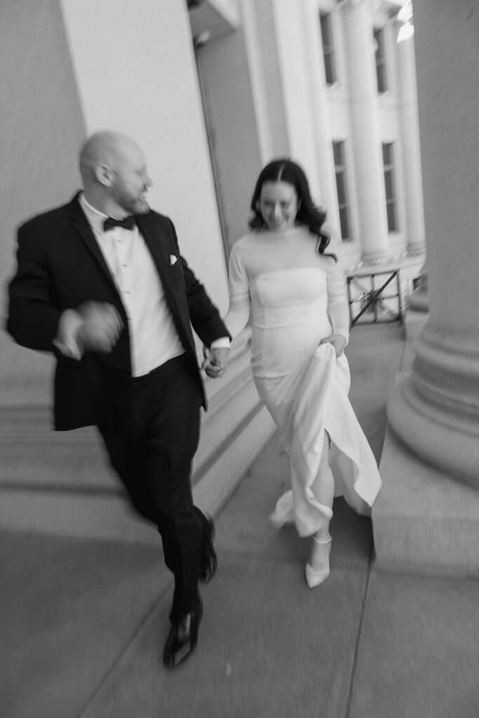 a Denver courthouse wedding with white columns and unique architecture